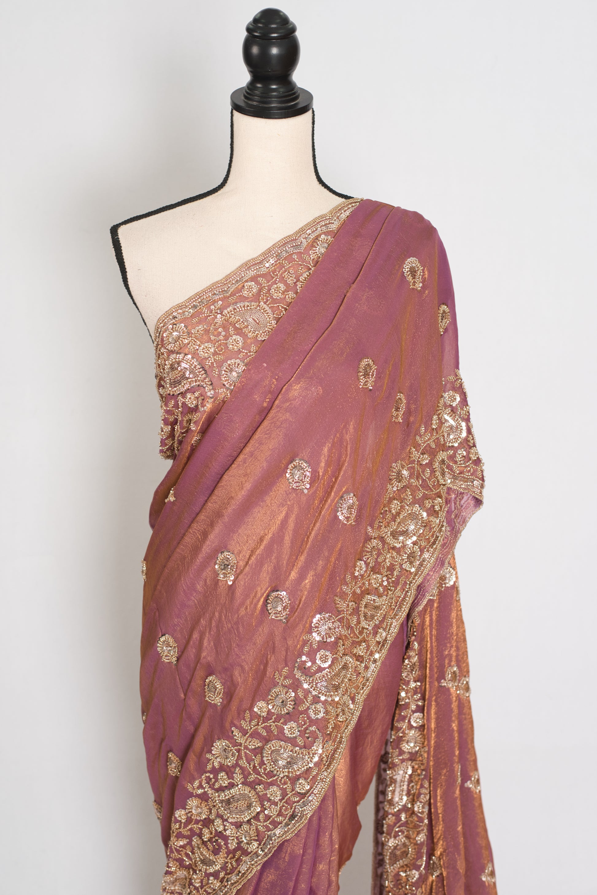 Farheen | Soft Peach Purple Organza Saree | Luxury Cocktail & Wedding Reception image 5