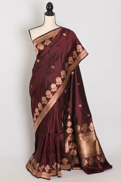 Rosa | Coffee Brown Pure Silk Banarasi Saree | Handwoven Gold Zari Rose Motifs image 0