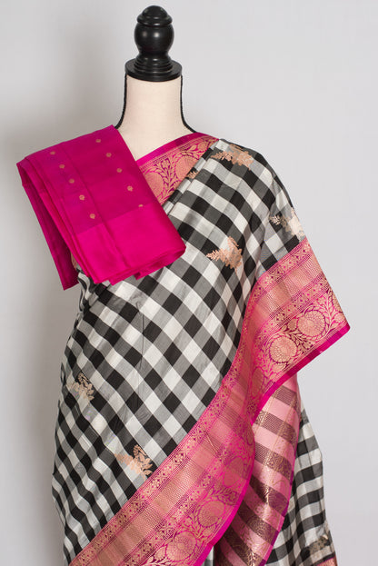 Priyanka :Black and White Checks Katan Silk Banarasi Saree | Silk Mark Certified image 2