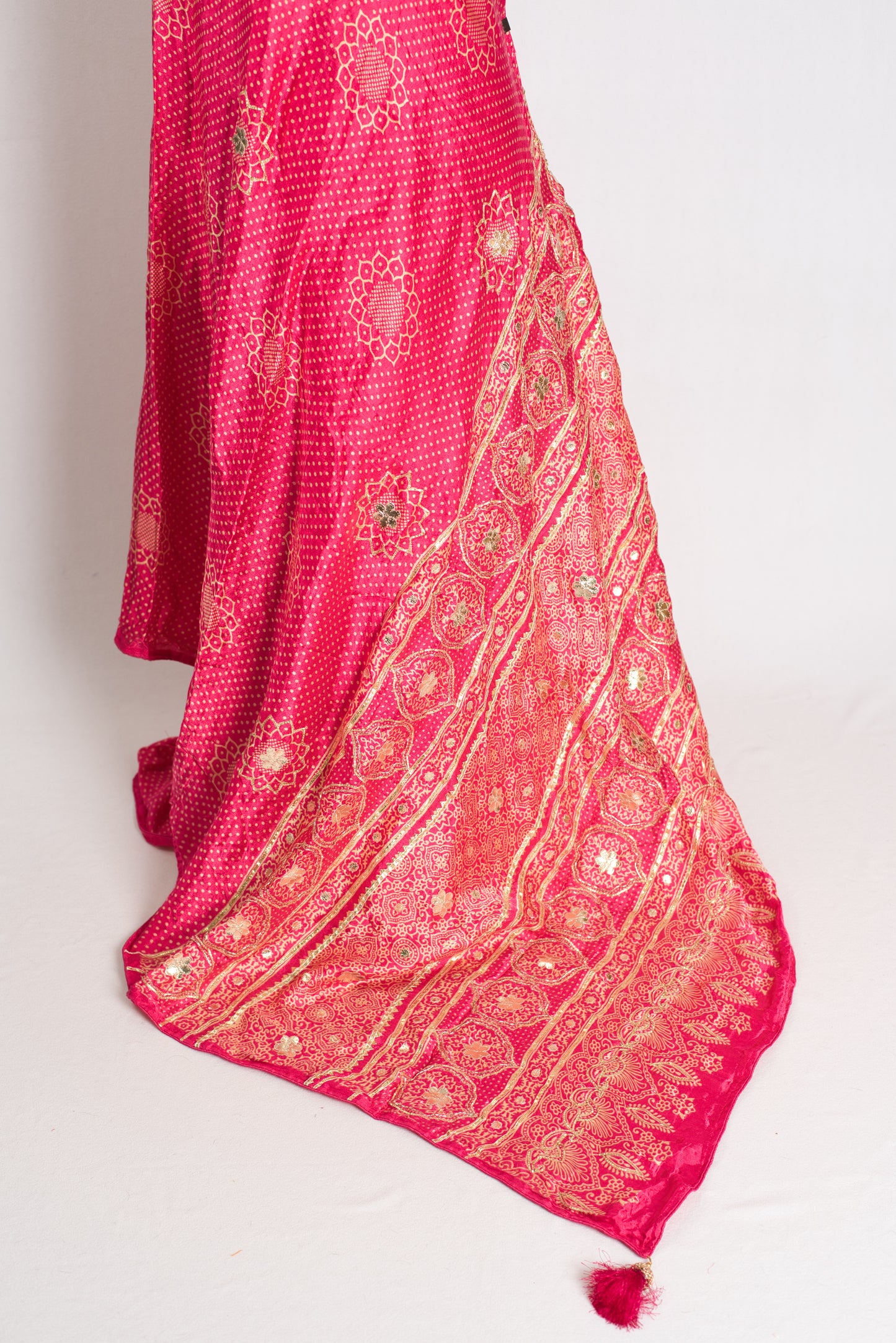 Vashu : Pink Modal Silk Bandhani Saree with Hand Embroidery Gota Patti Work image 1