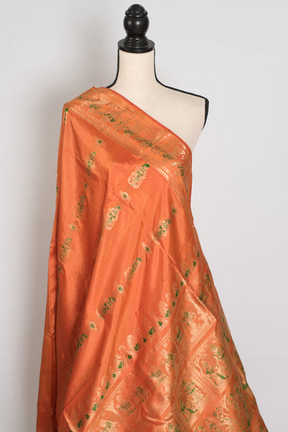 Gauri | Orange and Green Handwoven Bishnupuri Minakari Swarnachari Silk Saree image 4