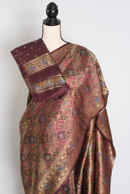 Nargis : Brown and Gold Semi Mashru Silk Pashmina Banarasi Saree image 2