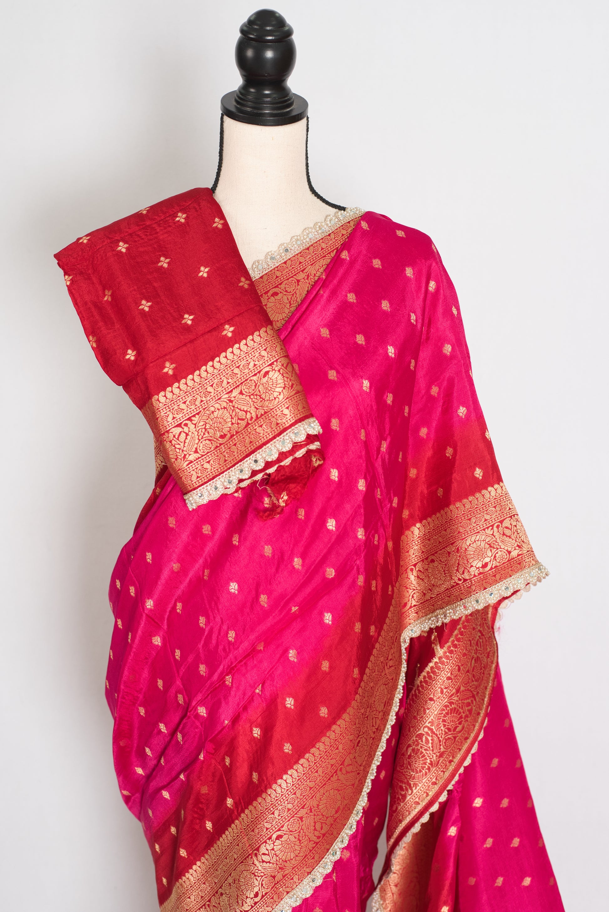 Harini | Pink & Red Dola Silk Banarasi Saree | Designer Stitched Lace Border image 2