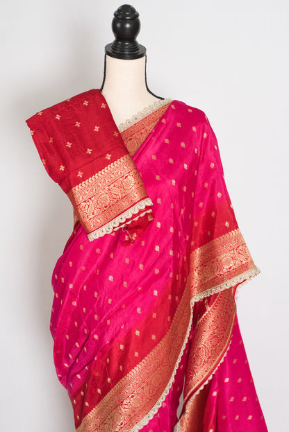 Harini | Pink & Red Dola Silk Banarasi Saree | Designer Stitched Lace Border image 2