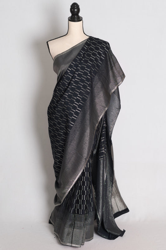 Sia: Raven Black and Silver Semi Georgette Banarasi Saree image 0