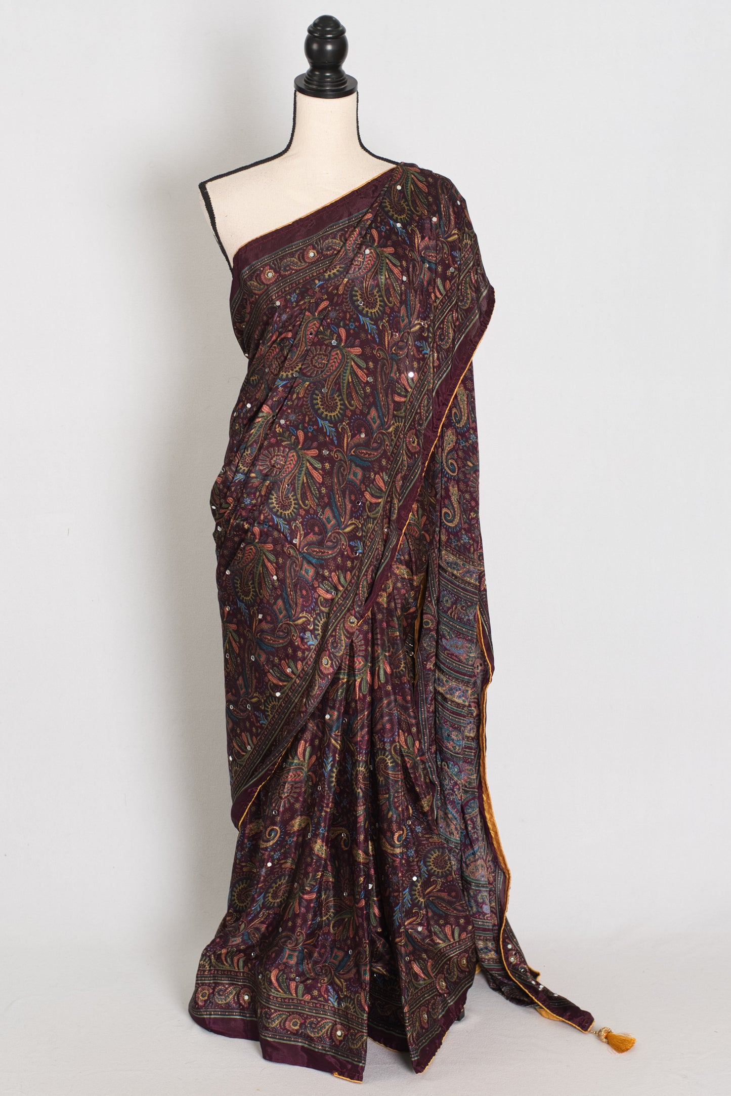 Nirja | Purple Kalamkari Printed Mirror Work Saree | Soft Semi Modal Silk image 0