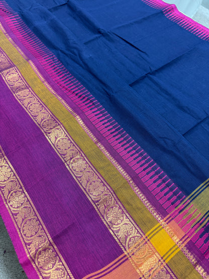 Meera : Handwoven Blue Cotton Kanjivaram Saree with Magenta Border image 2