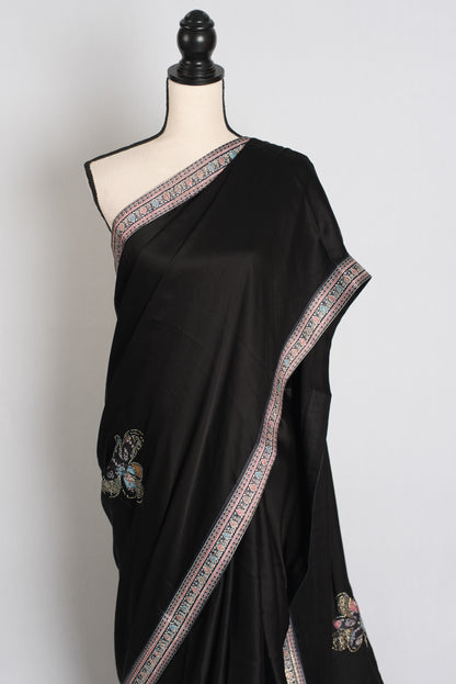 Nalini : Black Semi Satin Aplic Work Party Wear Saree image 5