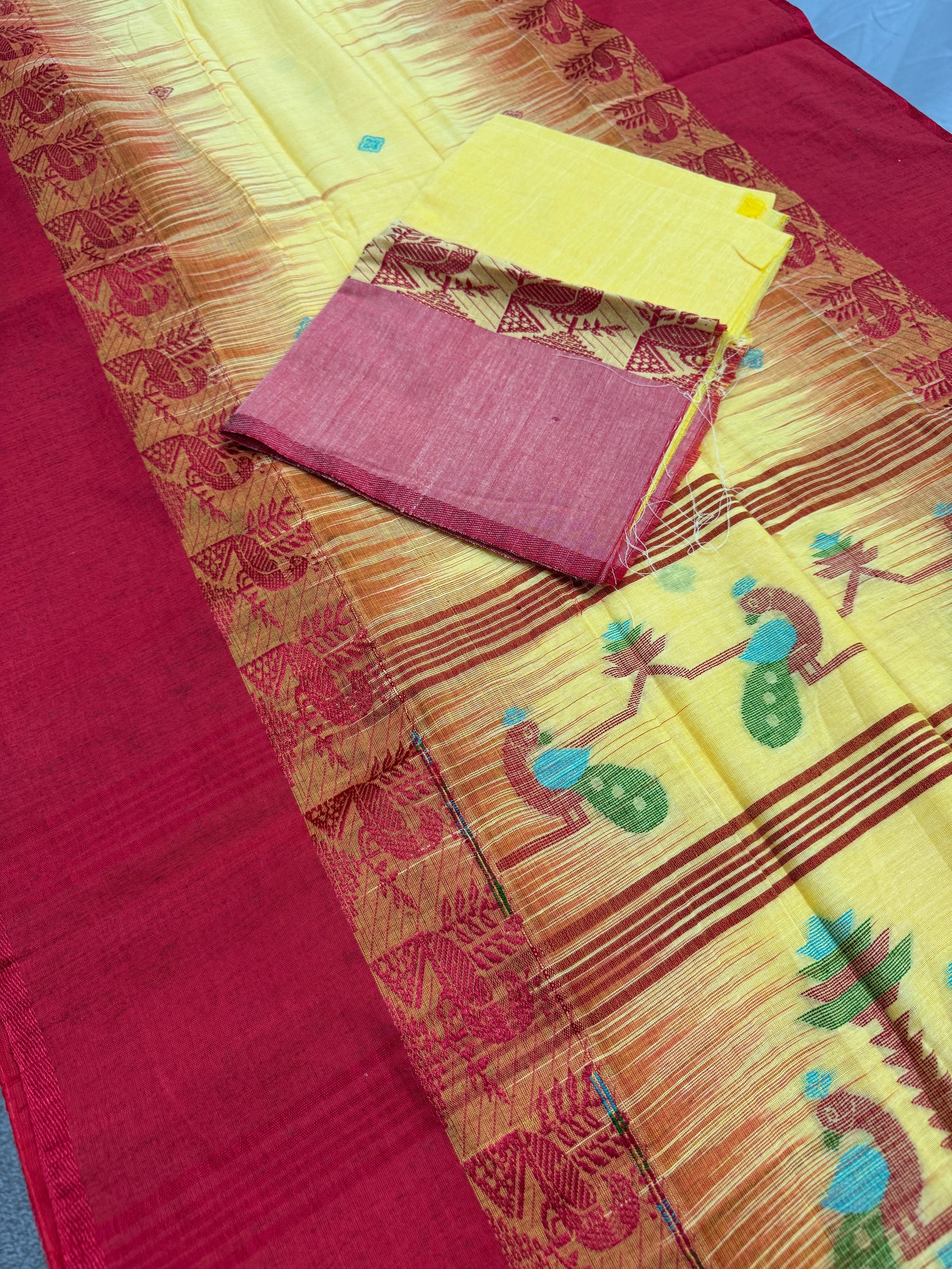 Kanchana : Yellow and Red Soft Cotton Bengal Handloom Saree image 1