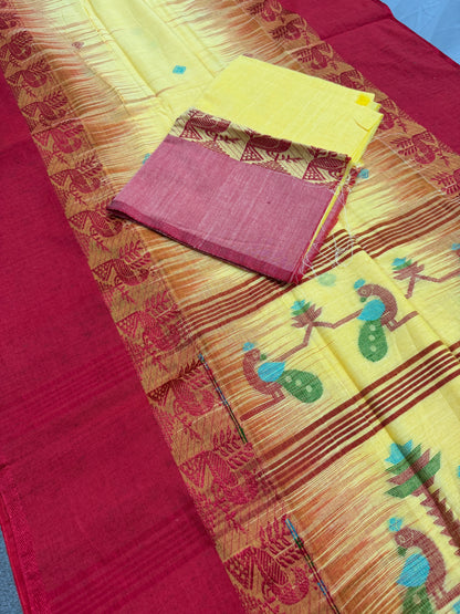 Kanchana : Yellow and Red Soft Cotton Bengal Handloom Saree image 1