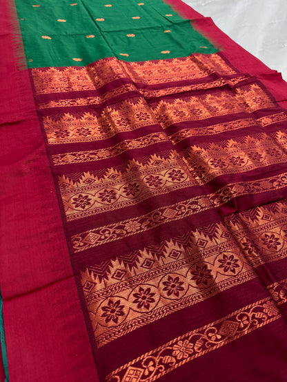 Gayetri: Dark Green Blended Cotton Gadwal Saree with Antique Zari Butis image 1