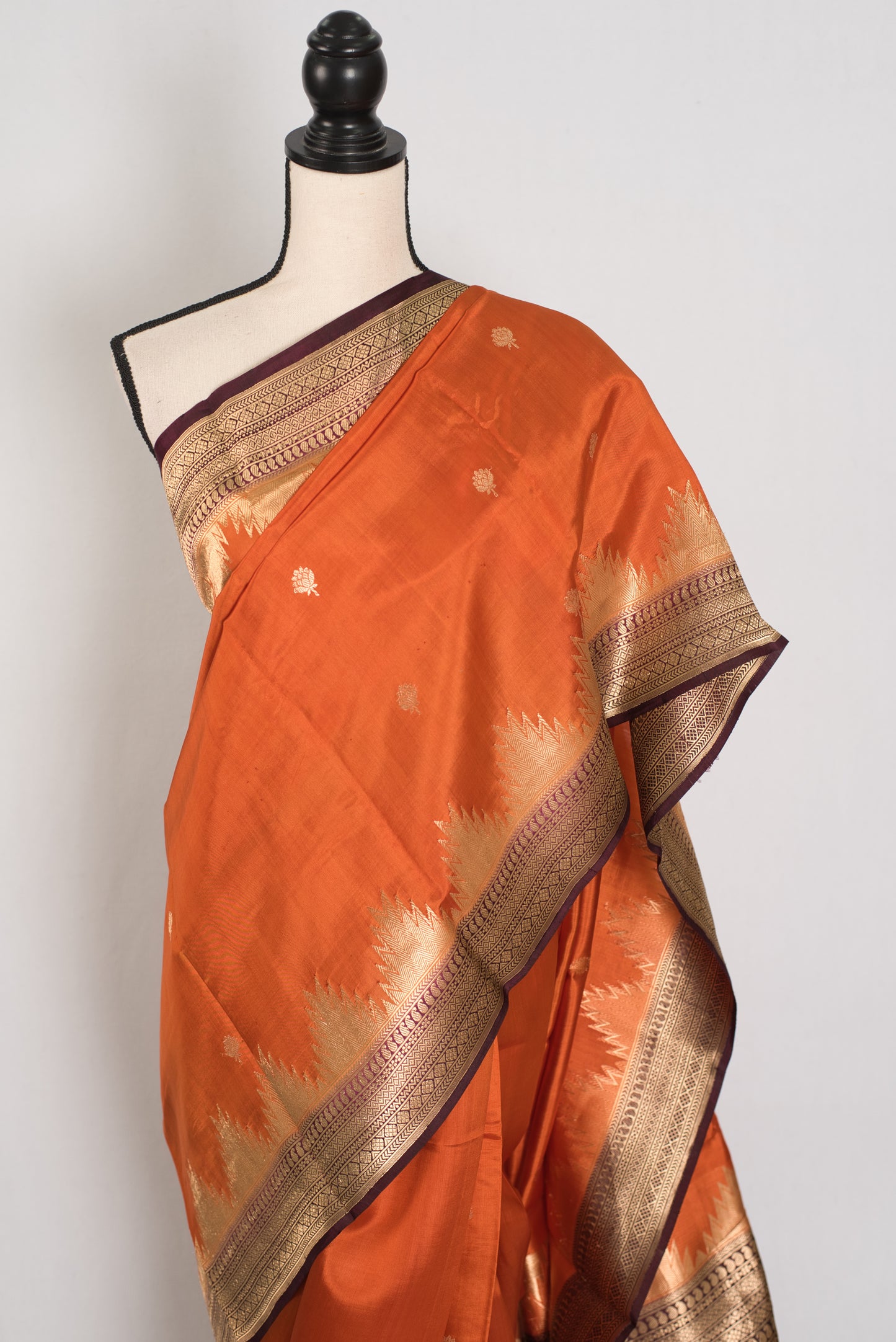 Bina: Rust Orange Pure Silk Banarasi Saree with Temple Border image 6
