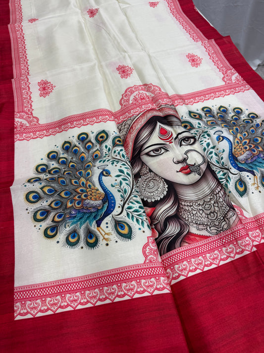 Durgaayana : Off-White and Red Semi Silk Printed Saree for Durga Puja image 0