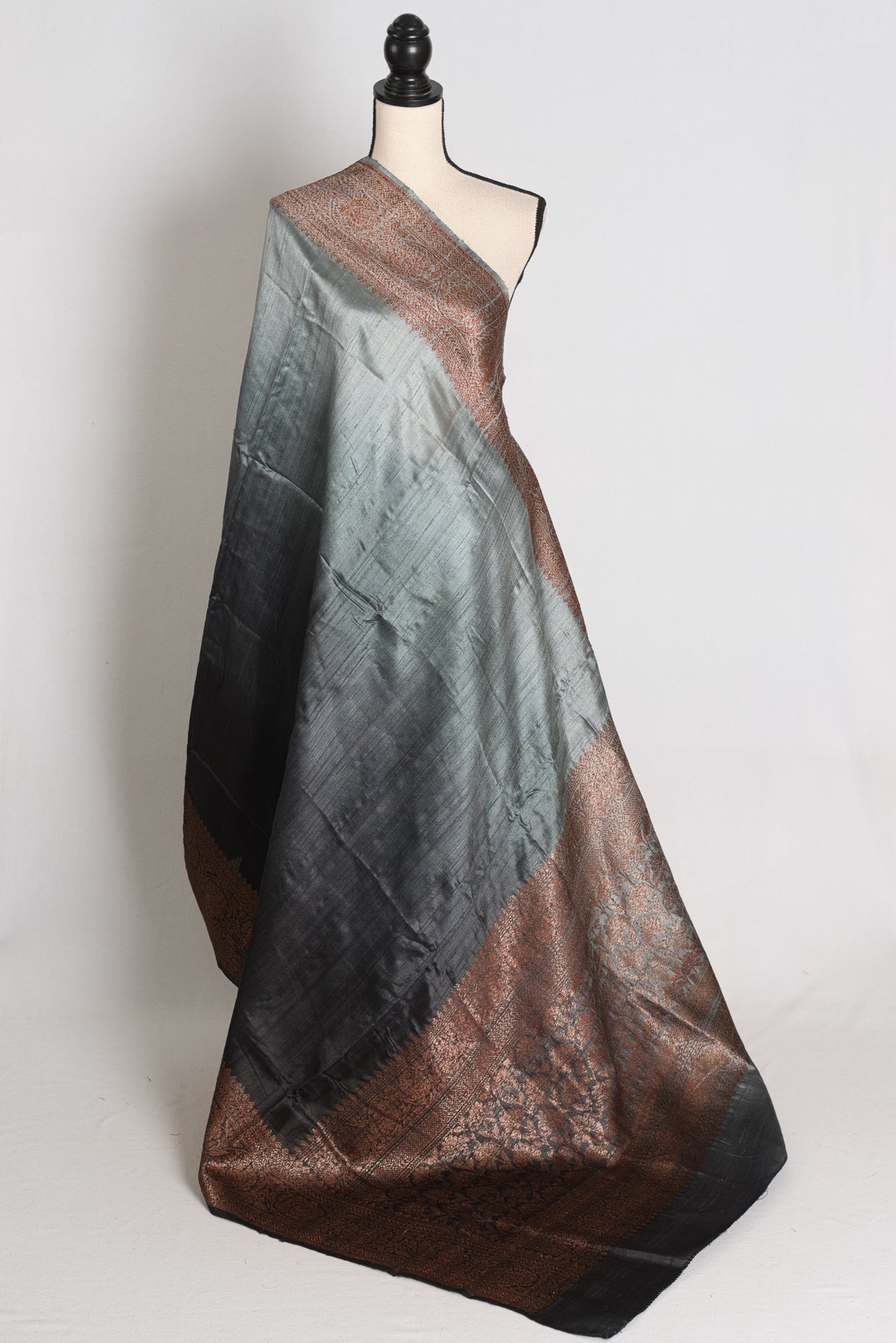Nadia :Grey & Black Ombre Raw Silk Valkalam Banarasi Saree | Silk Mark Certified image 1