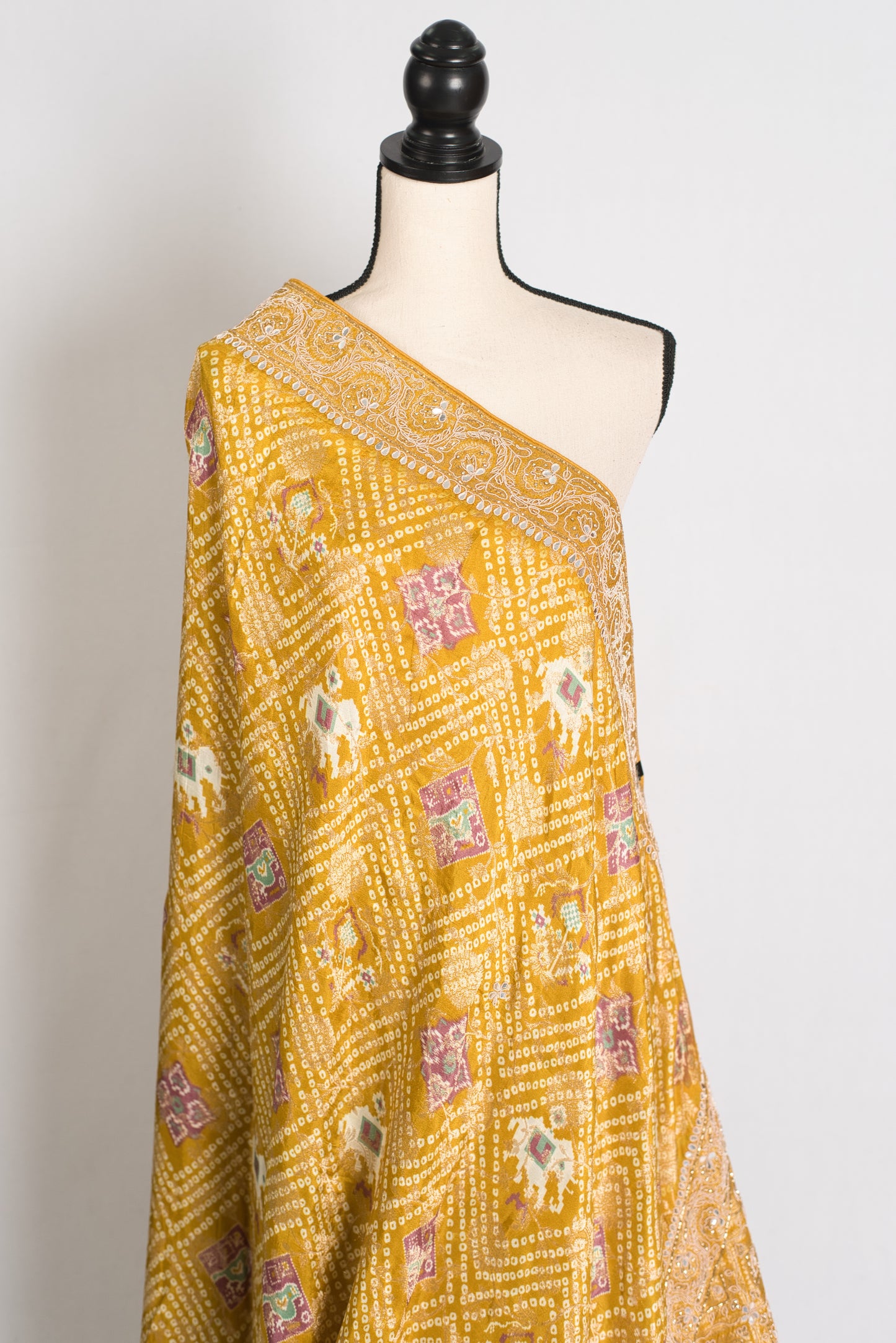 Hiya : Hand Embroidered Petai Zardosi Mirror Work Bandhani Saree in Yellow image 4