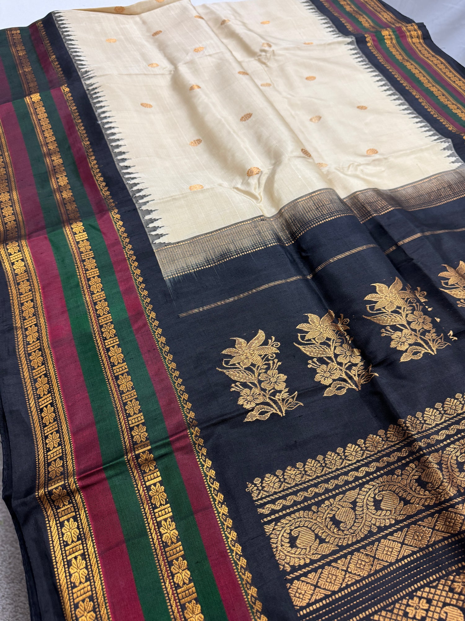 Charulata : Silk Mark Certified  Kanchi Gadwal Silk Saree in Rich Cream Color image 0
