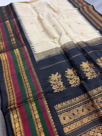 Charulata : Silk Mark Certified  Kanchi Gadwal Silk Saree in Rich Cream Color image 0