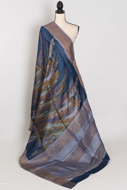 Mukta | Blue & Grey Pure Tussar Silk Saree | Contemporary Graphic Prints image 1