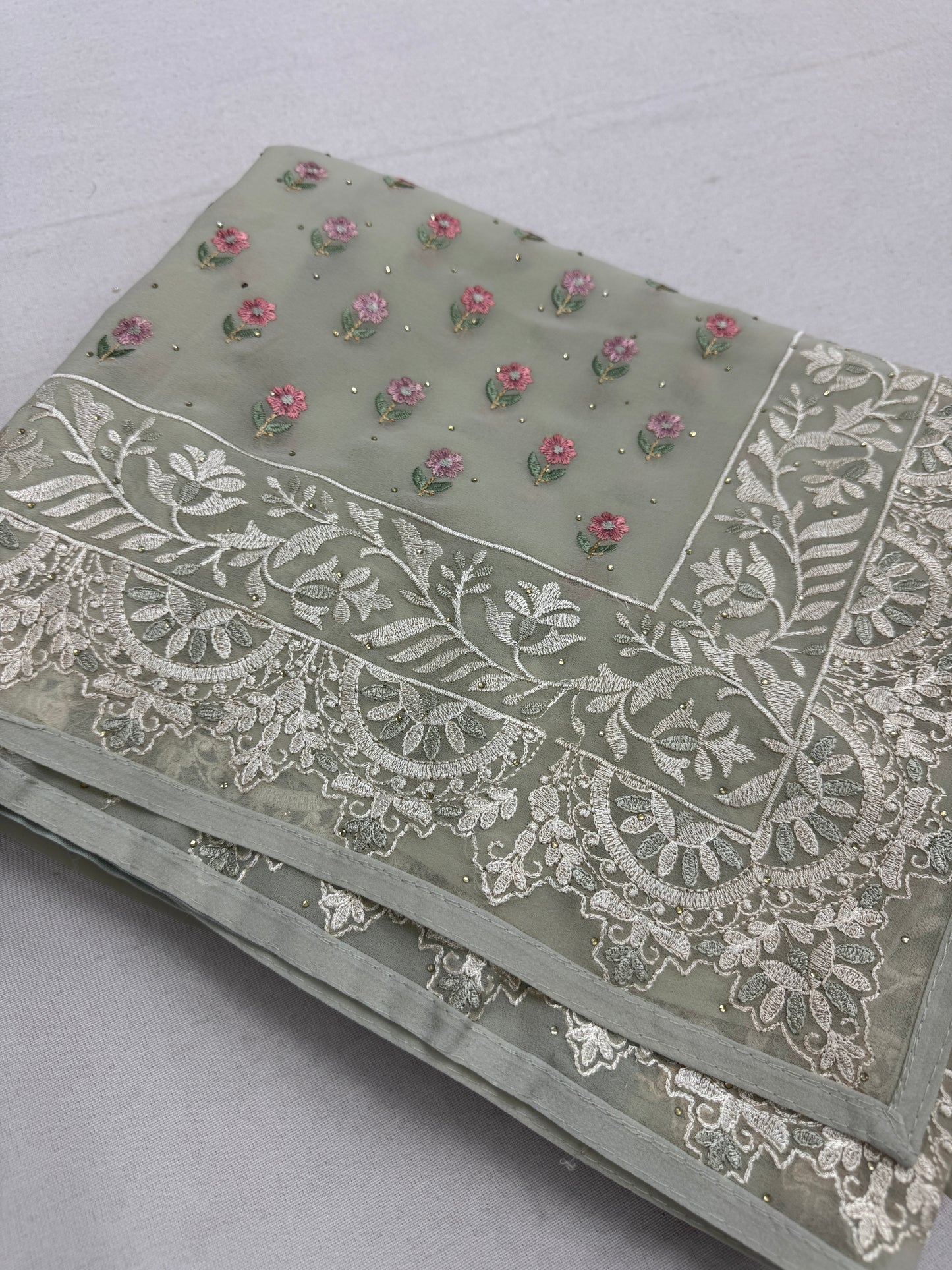 Siya | Light Sage Green Georgette Partywear Saree | Pastel Floral Embroidery image 1