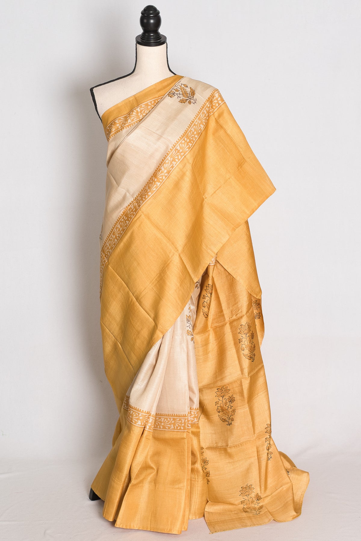 Trisha : Cream and Mustard Yellow Hand Block Printed Pure Tussar Silk Saree image 0