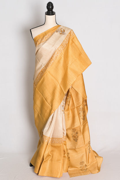 Trisha : Cream and Mustard Yellow Hand Block Printed Pure Tussar Silk Saree image 0