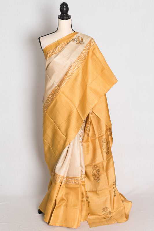 Trisha : Cream and Mustard Yellow Hand Block Printed Pure Tussar Silk Saree image 0