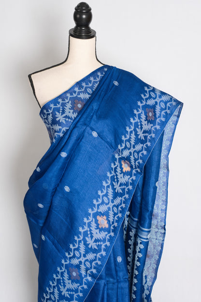Jamini Royal Blue Bengal Tussar Jamdani Silk Saree | Silk Mark Certified image 6