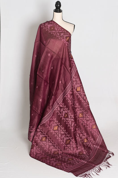 Ila : Burgundy Bengal Tussar Jamdani Silk Saree | Silk Mark Certified image 1