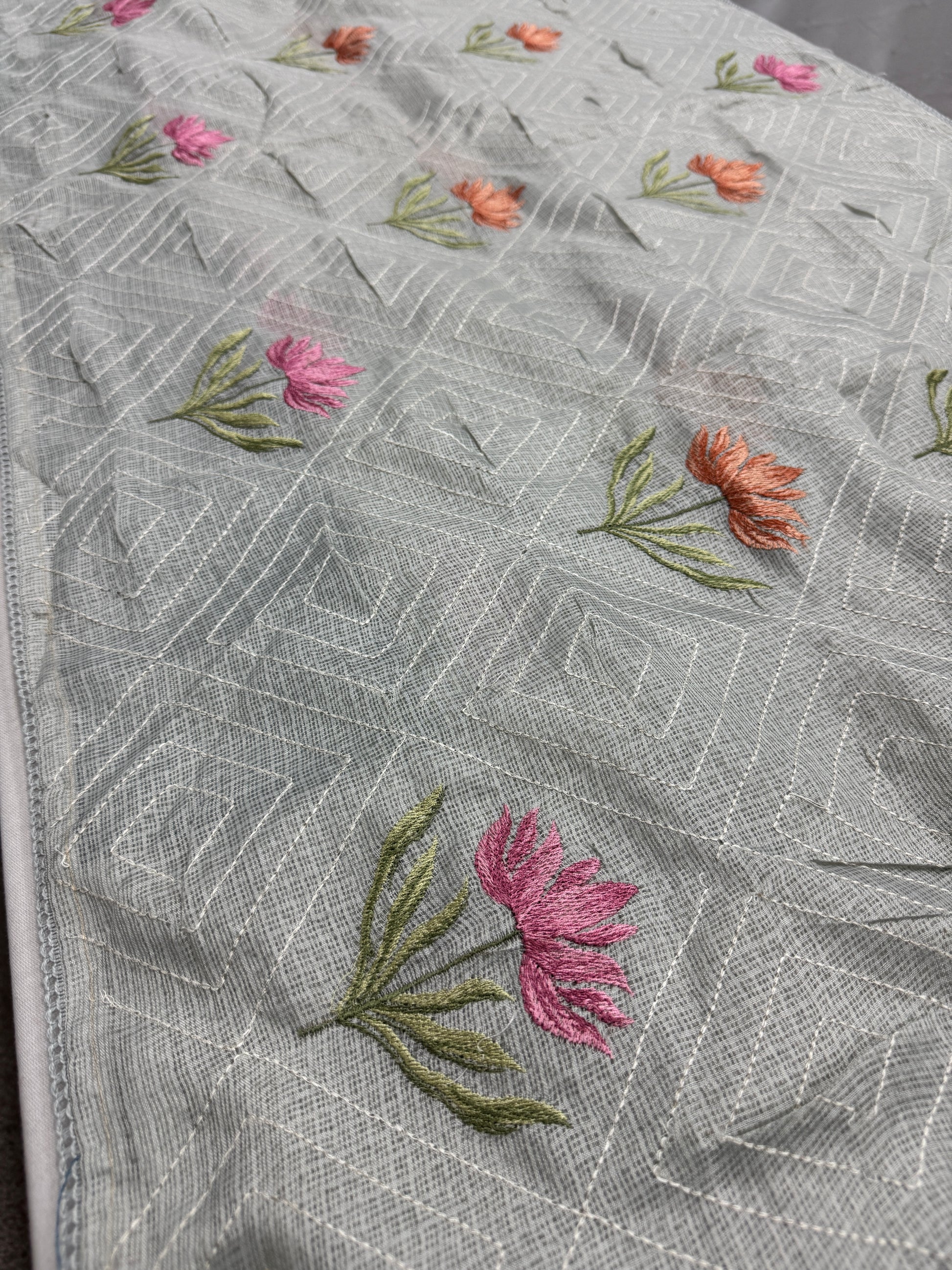 Jessica | Soft Grey Semi Kota Silk Saree | Pastel Floral Machine Embroidery image 3