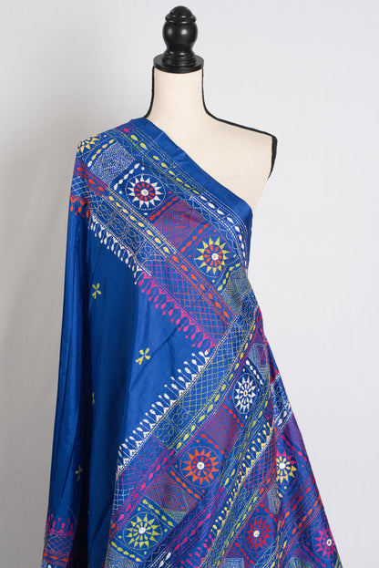 Savitri : Blue Blended Silk Saree with Hand Embroidery Lambani Work image 4