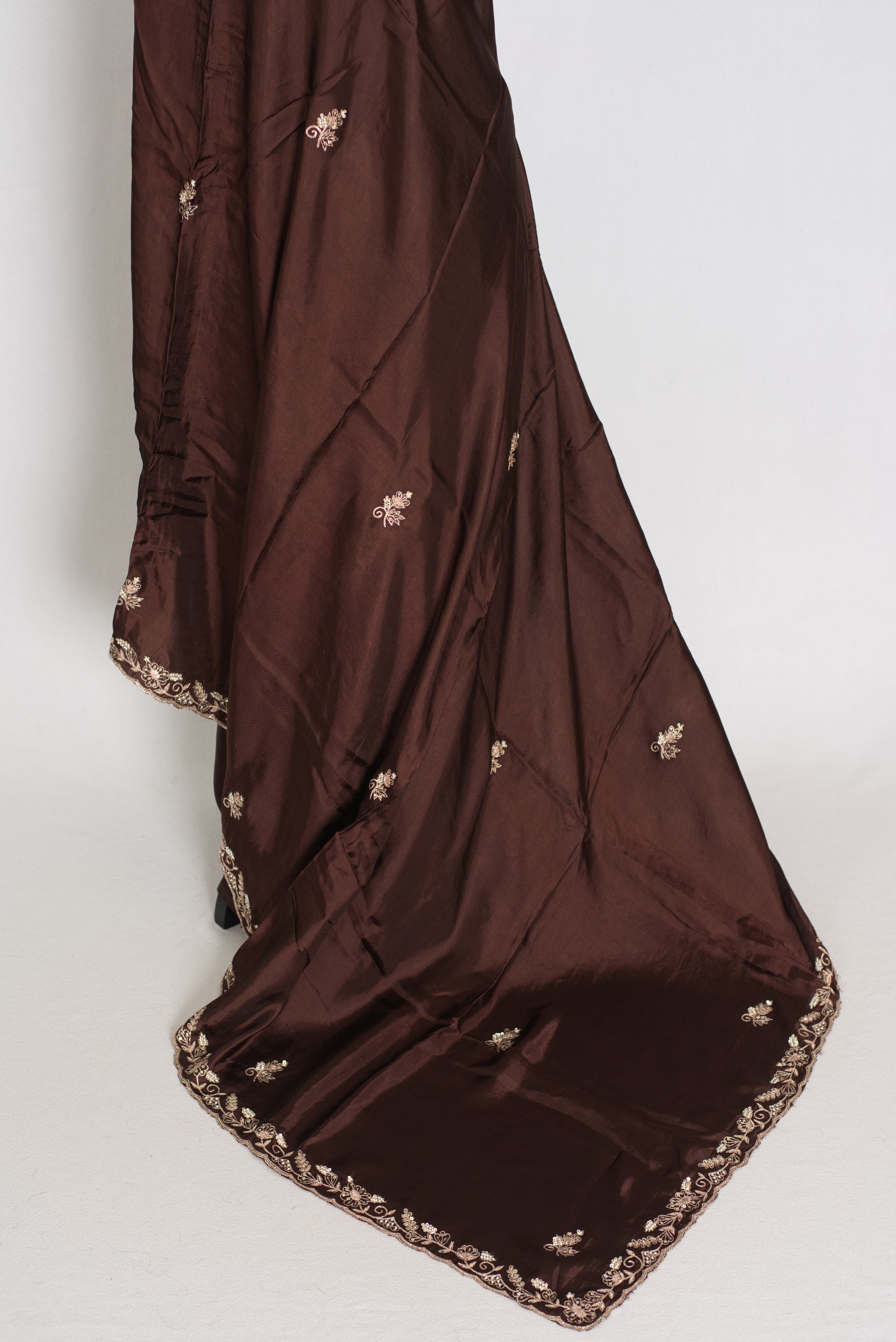 Ahiri: Dark Brown Semi Satin Saree with Zardosi Work | Reception Wear image 4