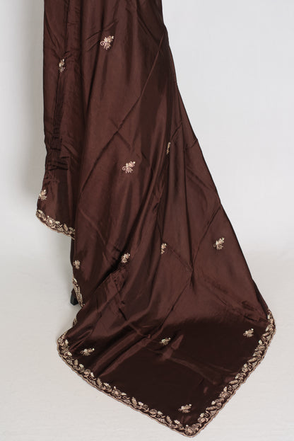 Ahiri: Dark Brown Semi Satin Saree with Zardosi Work | Reception Wear image 4