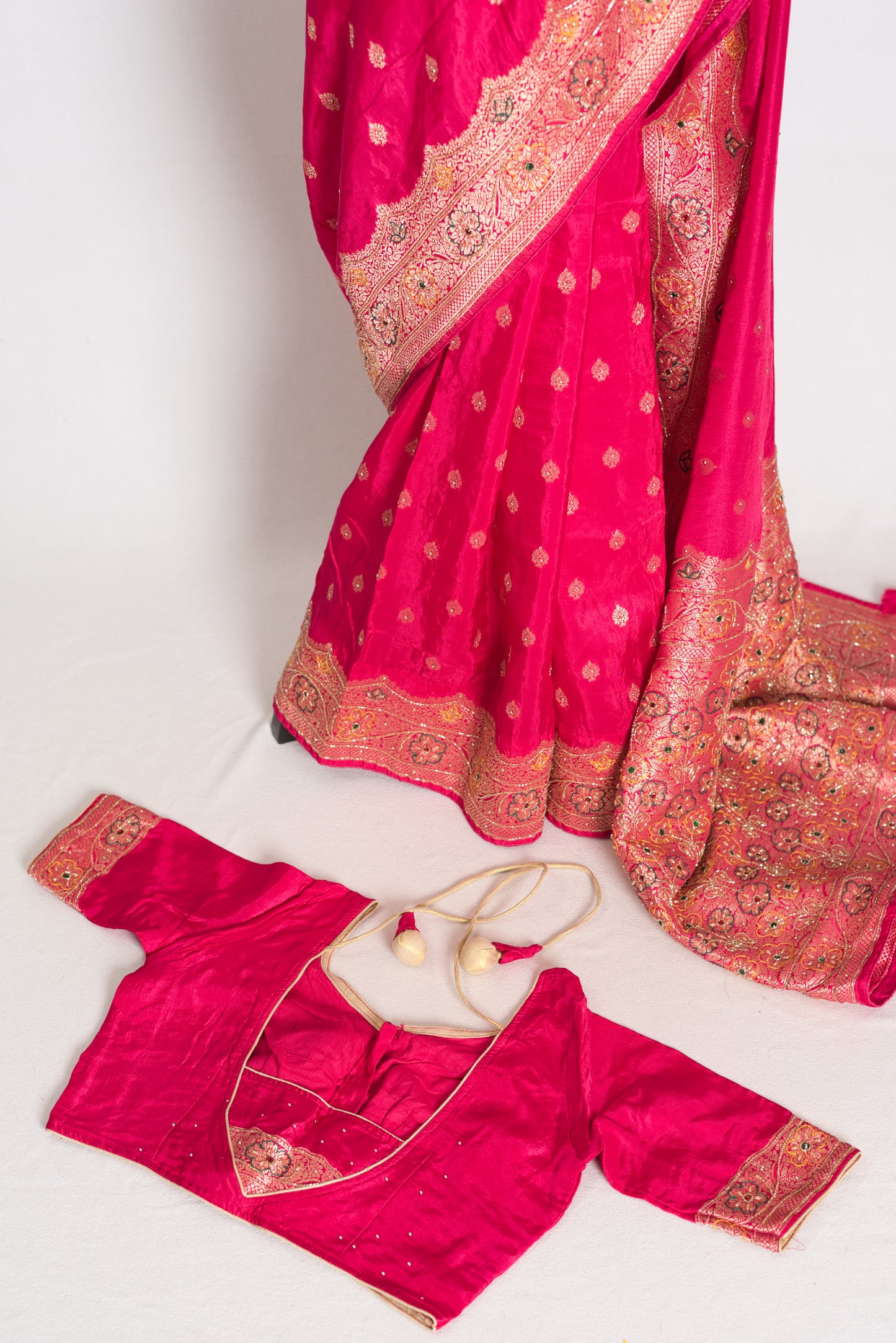 Afrin Pink and Gold Hand Embroidered Banarasi Saree with 36 Size Stitched Blouse image 2