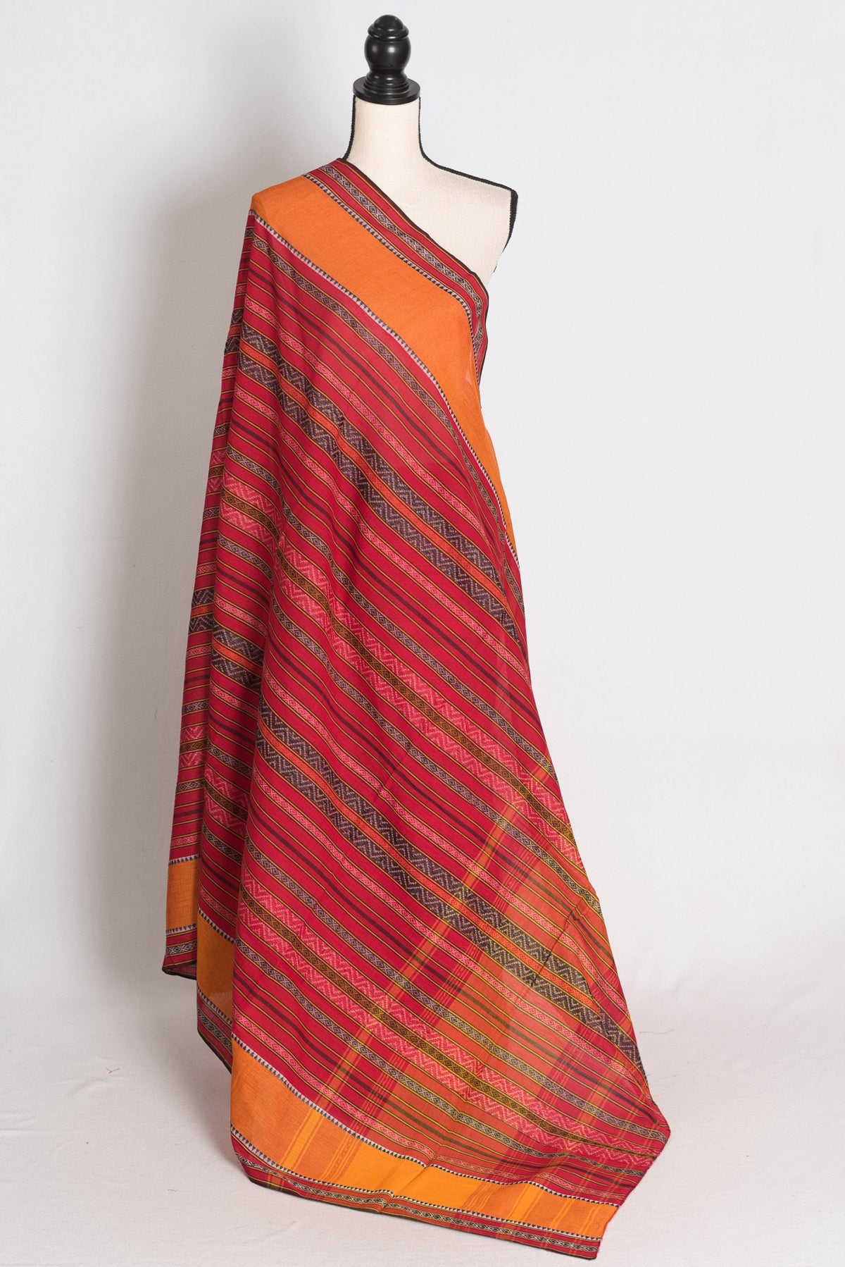 Red and Mustard Yellow Dhaniakhali saree — front view