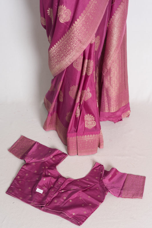 Sree: Purple Semi Georgette Banarasi Saree with 38 Size Stitched Blouse image 1