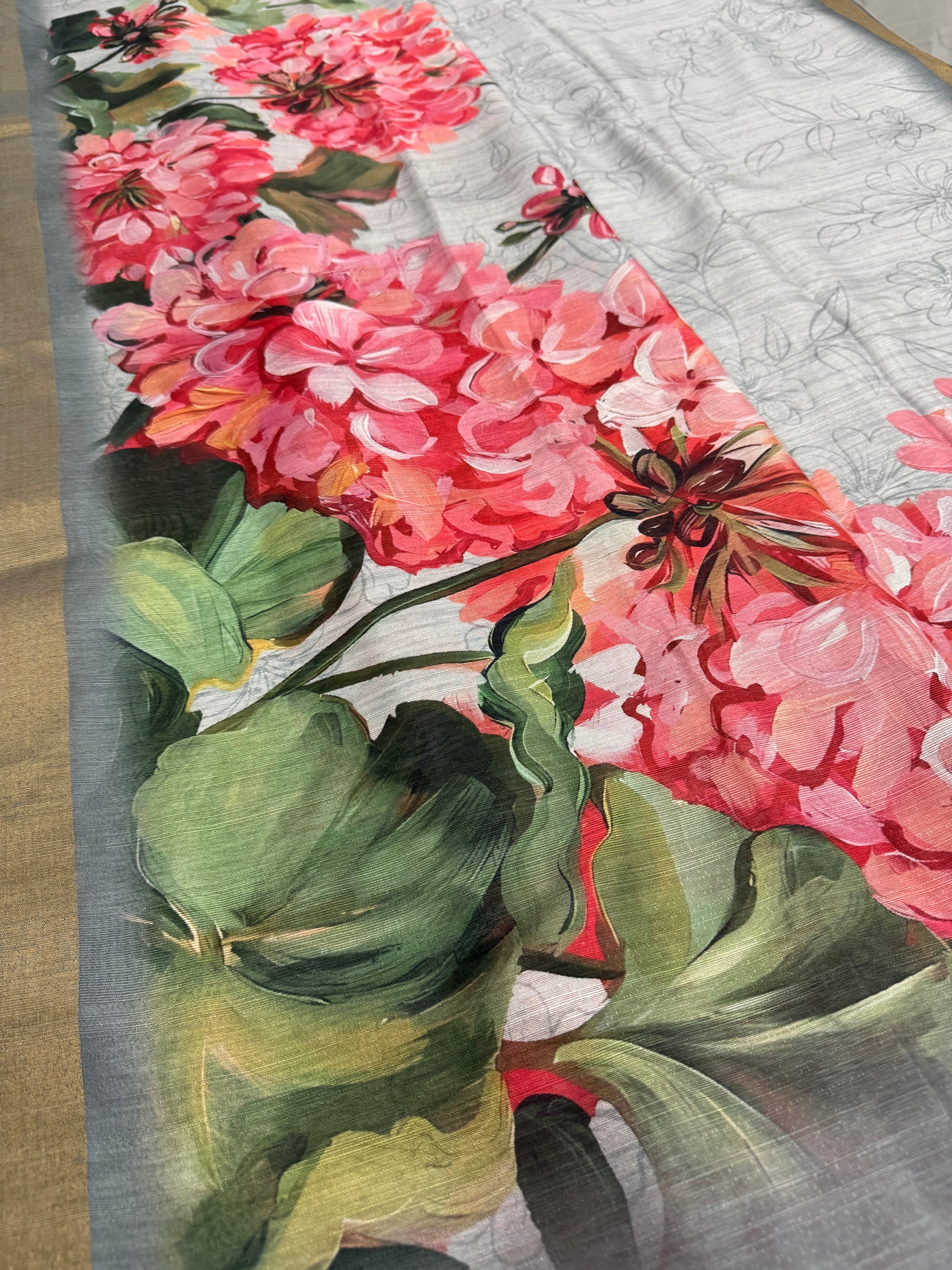 Ila | Grey & Vibrant Pink Floral Printed Semi Tussar Saree image 2