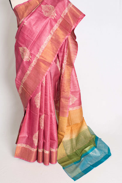 Bela: Hand Block Printed Pink Tussar Silk Saree with Tri-Color Pallu image 6