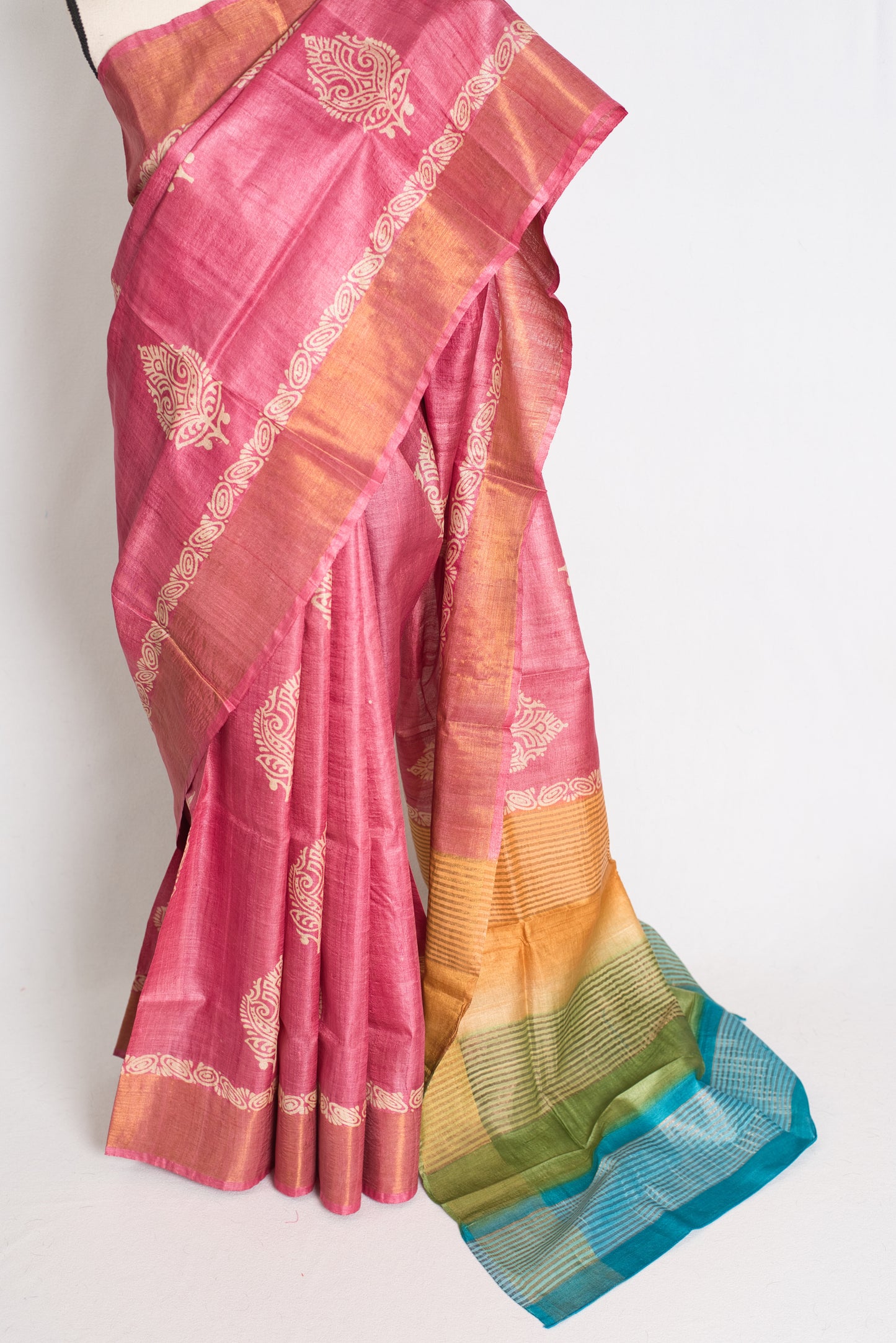Bela: Hand Block Printed Pink Tussar Silk Saree with Tri-Color Pallu image 6
