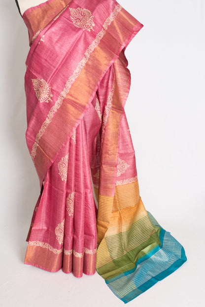 Bela: Hand Block Printed Pink Tussar Silk Saree with Tri-Color Pallu image 6