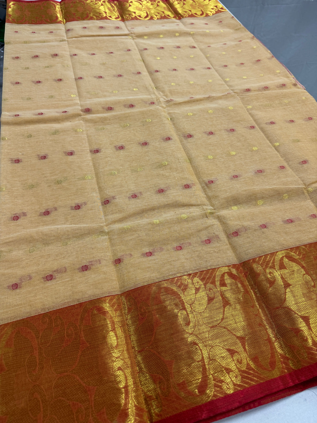 Beige and Red Tant saree — drape view