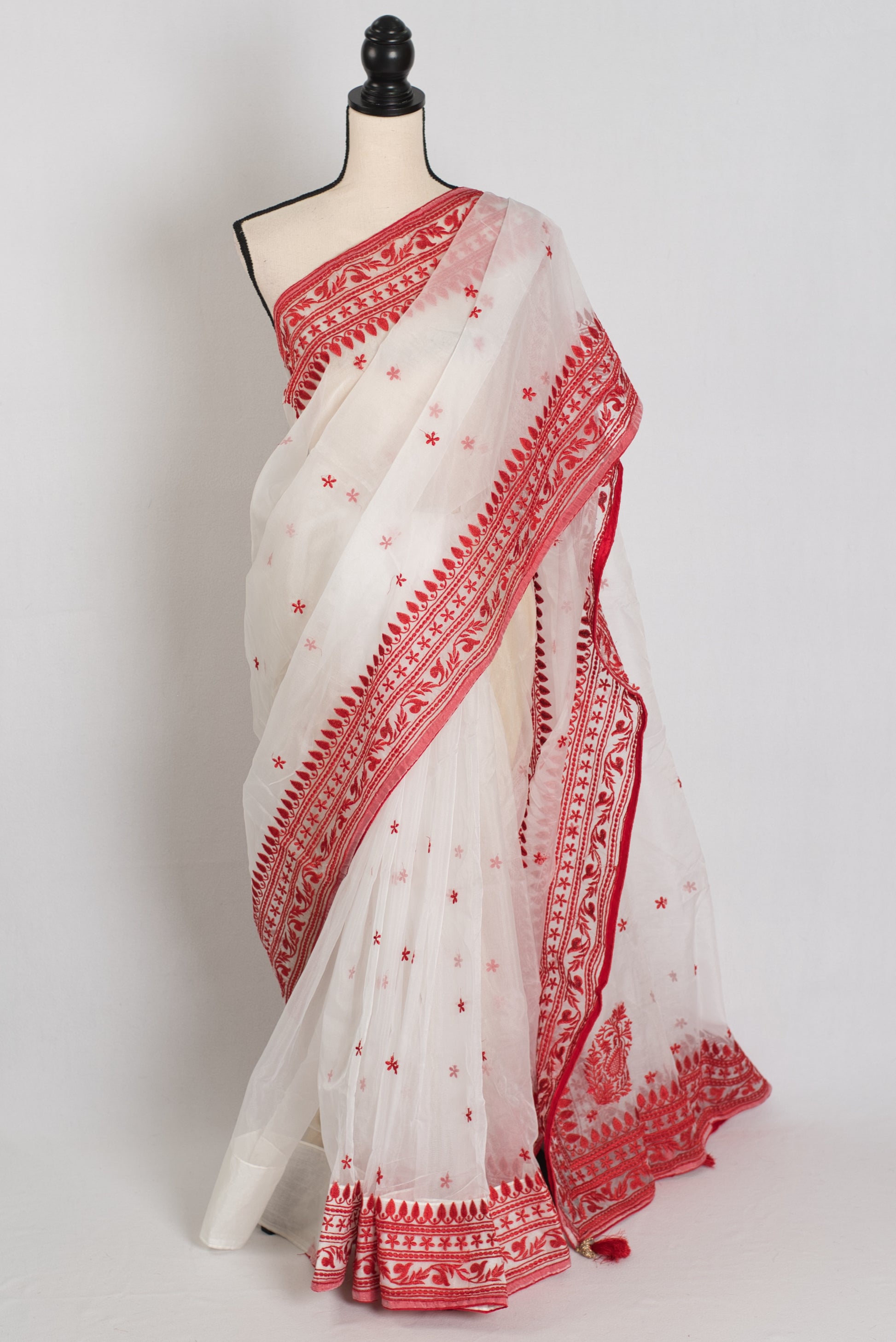 Noor : White and Red Semi Organza Embroidery Designer Saree image 0