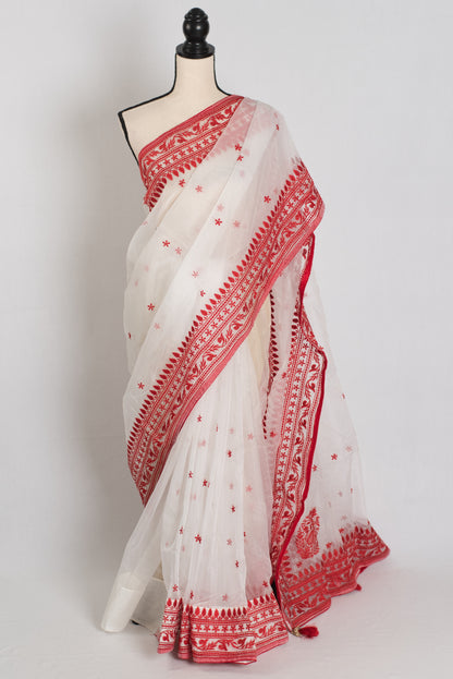 Noor : White and Red Semi Organza Embroidery Designer Saree image 0