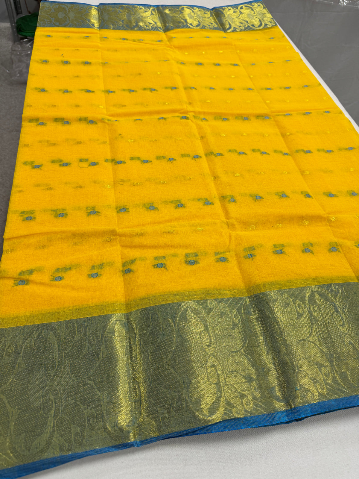 Yellow and Blue Tant saree — front view
