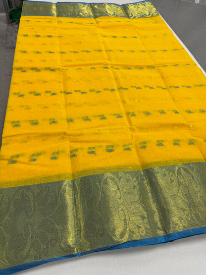 Yellow and Blue Tant saree — front view