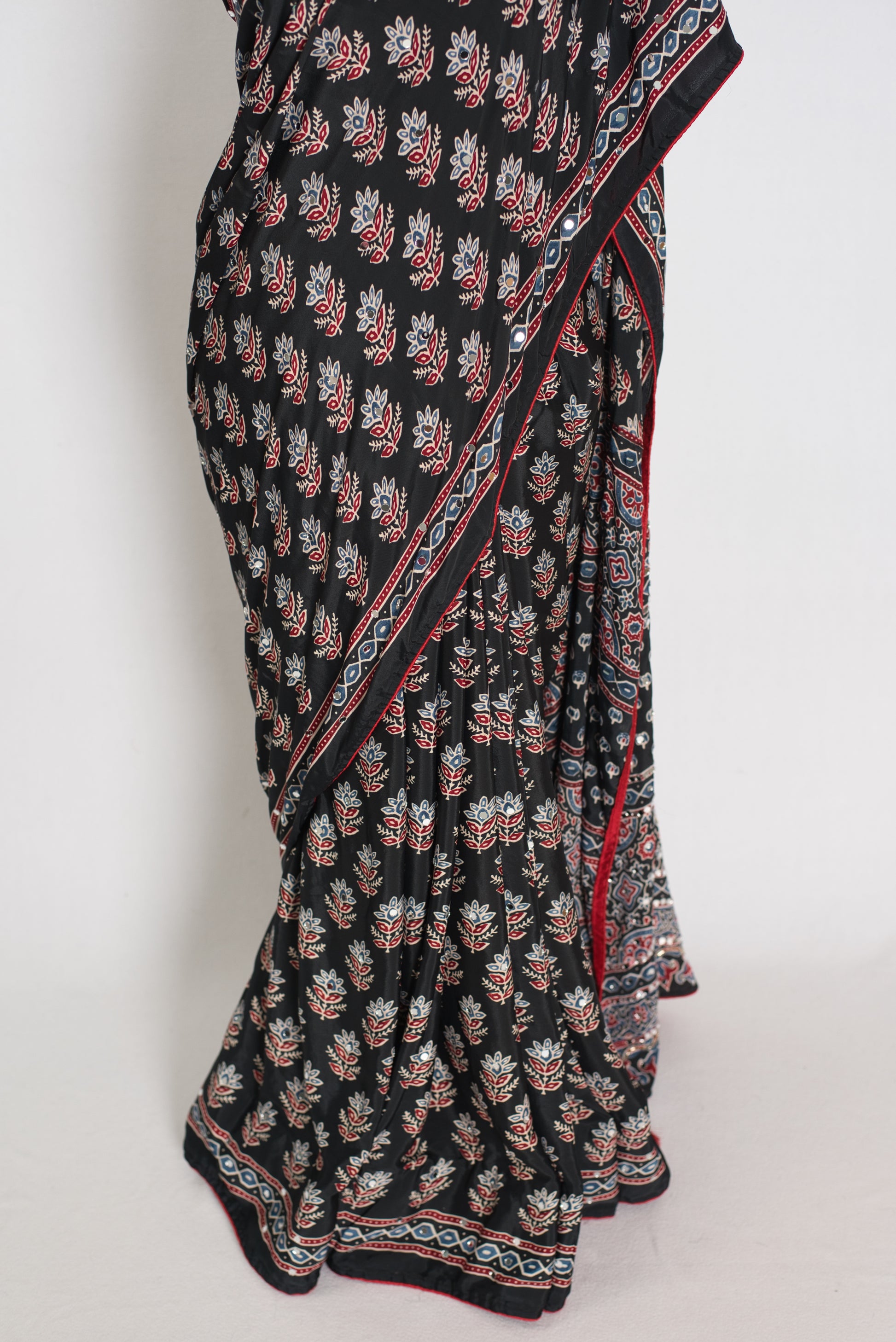 Afrin | Black Ajrakh Printed Saree | Mirror Work Semi Modal Silk image 5