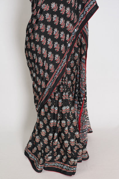 Afrin | Black Ajrakh Printed Saree | Mirror Work Semi Modal Silk image 5