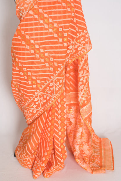 Sia : Festive Orange and White Blended Cotton Jamdani Saree with Hand Embroidery image 5