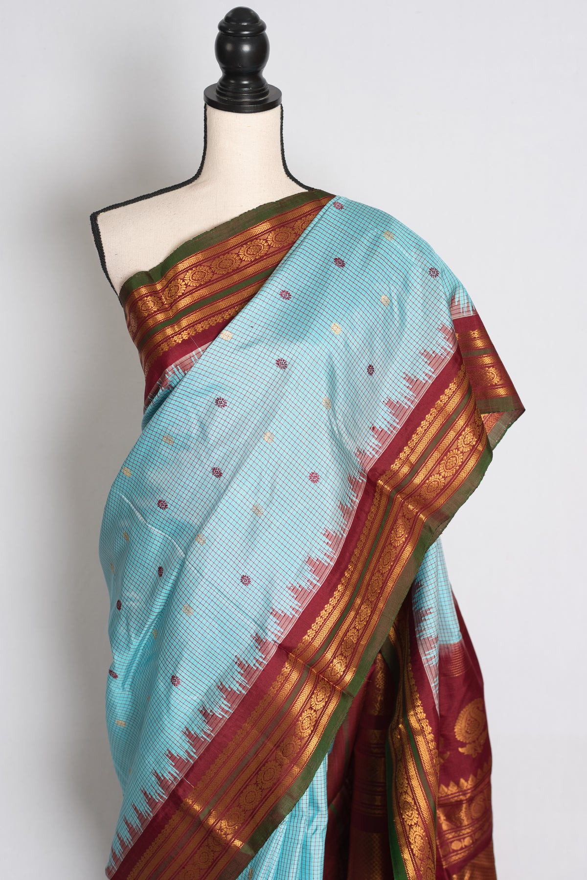 Naheed : Sky Blue and Maroon Micro Checks Handloom Gadwal Silk Saree image 6