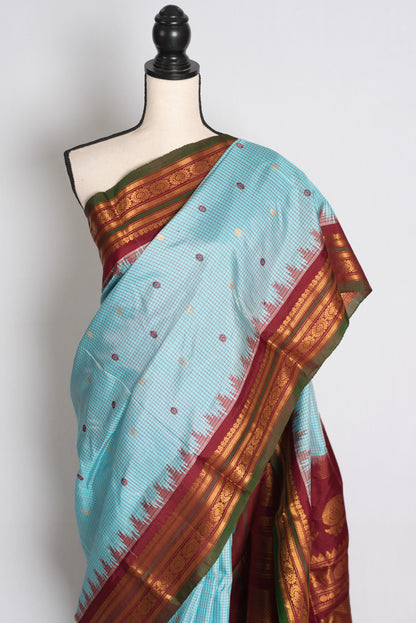 Naheed : Sky Blue and Maroon Micro Checks Handloom Gadwal Silk Saree image 6