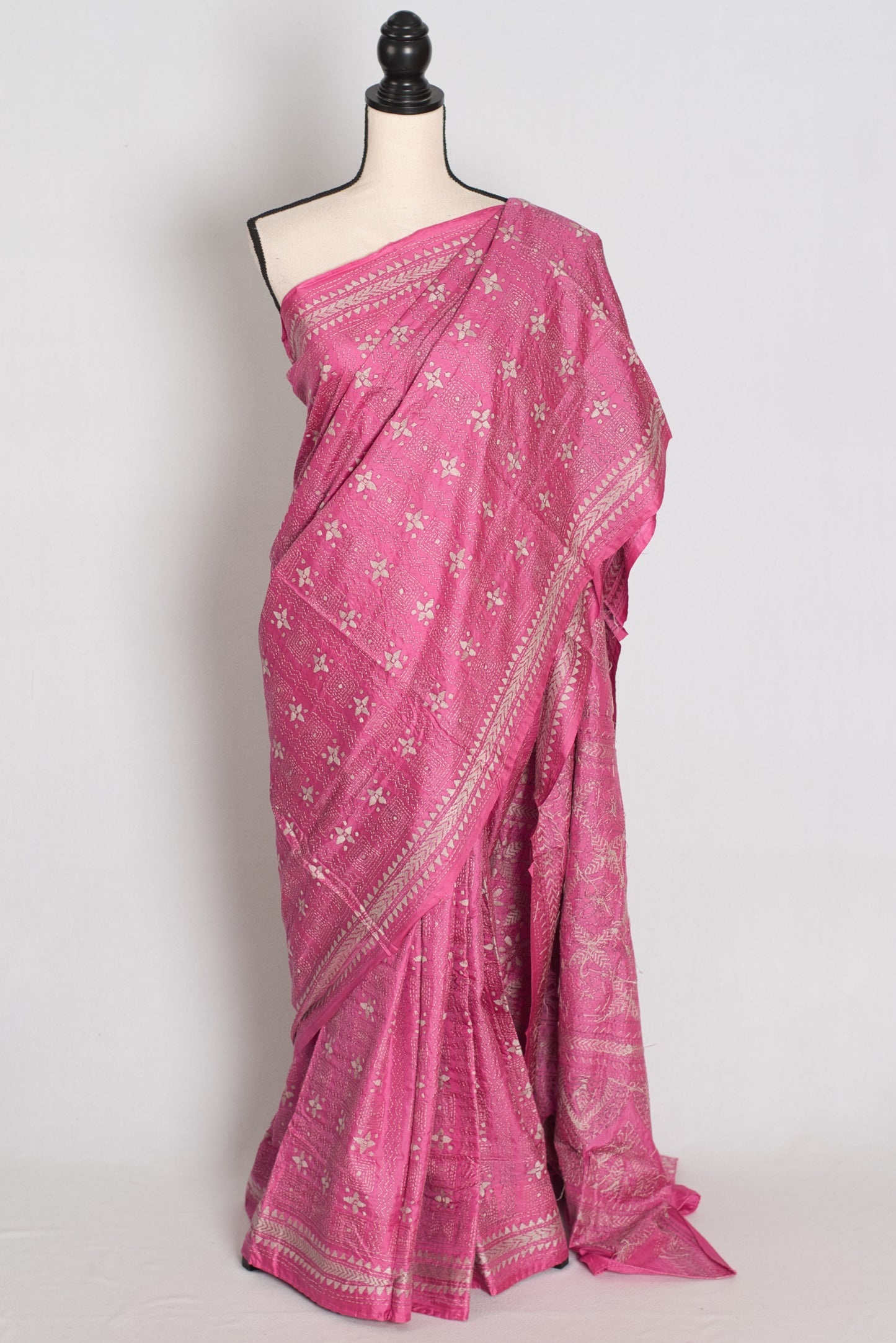 Bidisha : Vibrant Pink Hand Embroidered Kantha Stitch Pure Bangalore Silk Saree image 0
